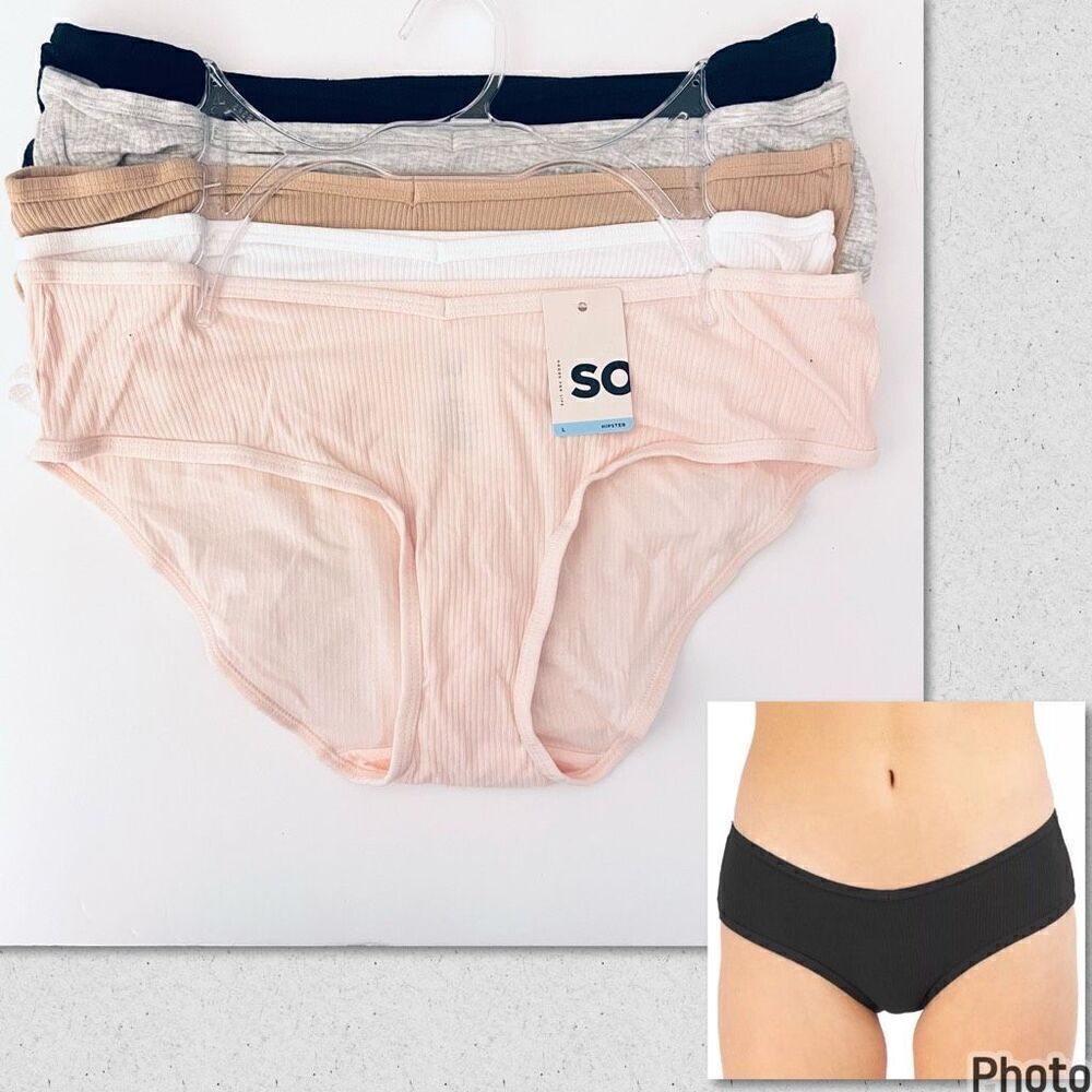 NWT 5 Pack SO Sz XL Pink, White, Tan, Grey & Black Ribbed Hipster Panty Set